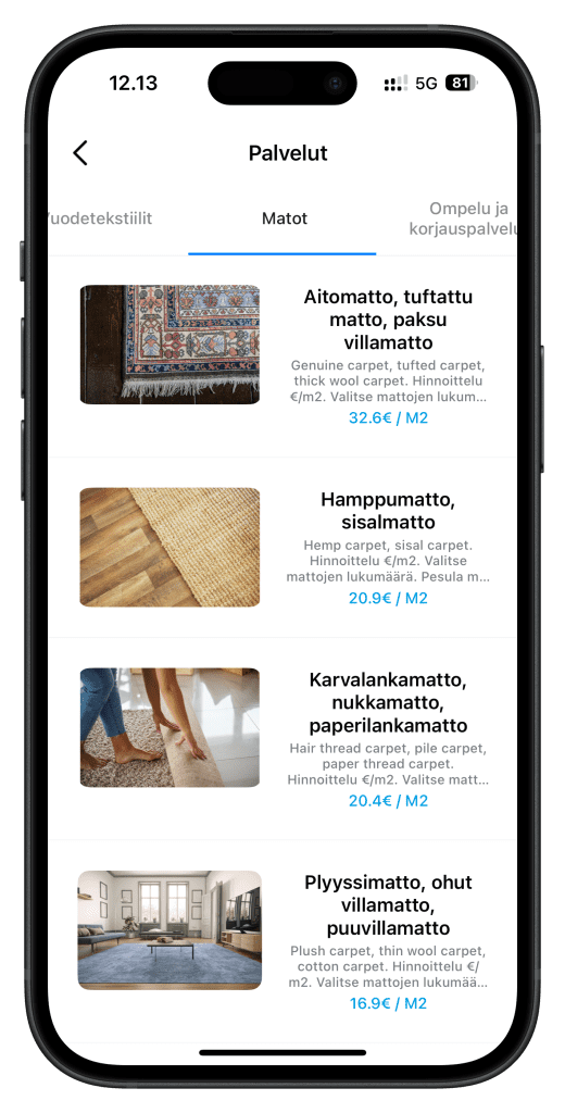 Kuva WashApp.fi sovelluksen matto kategoriasta
