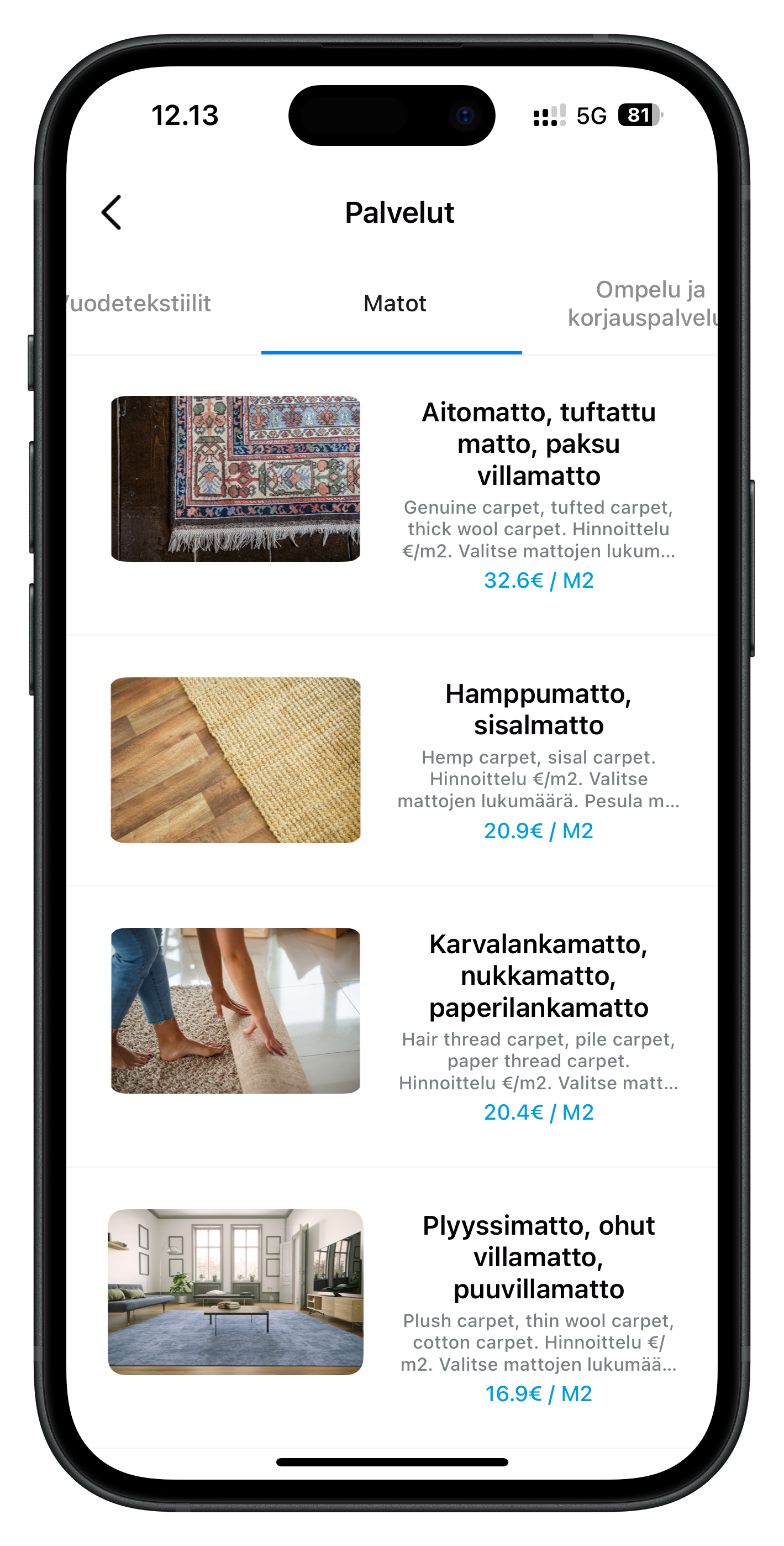 Kuva WashApp.fi sovelluksen matto kategoriasta